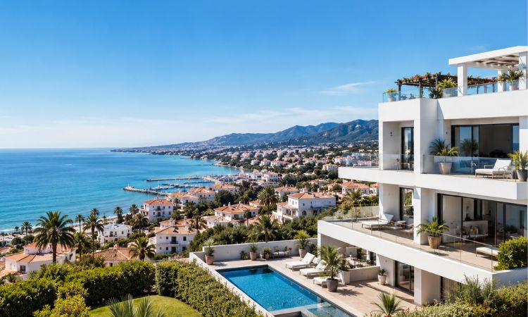 Modern luxury apartment overlooking the Mediterranean Sea in Manilva, featuring a private pool, palm trees, and panoramic coastal views.