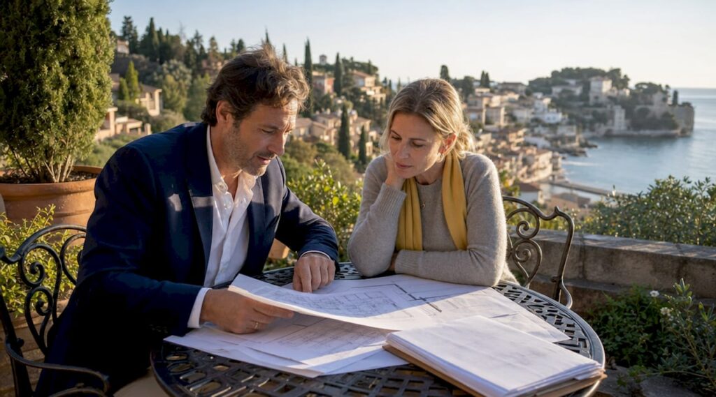 Couple reviewing off-plan property documents