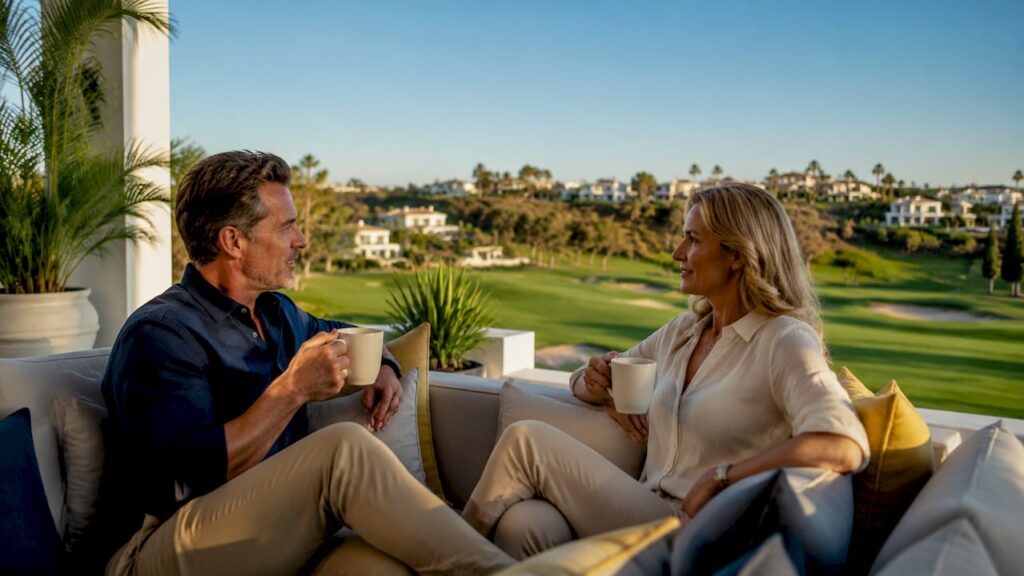 Couple overlooking golf course from terrace in Spain