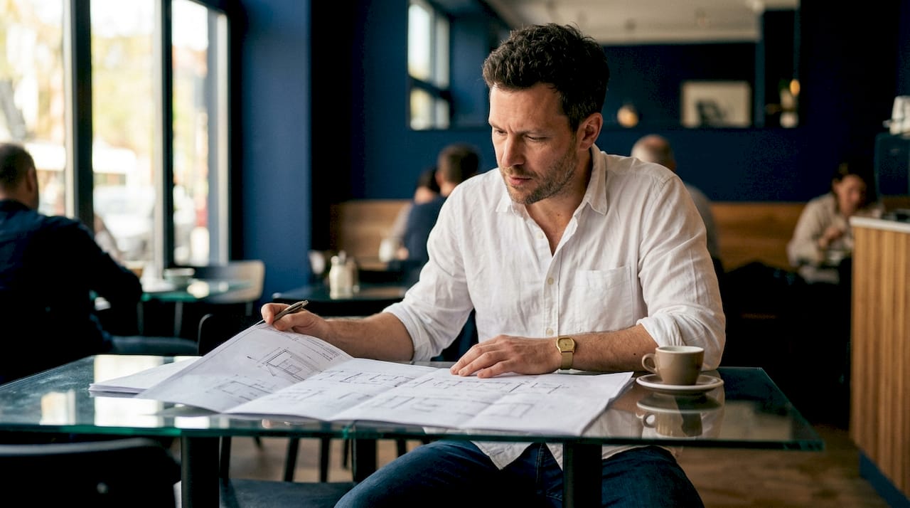 Investor reviewing off-plan development blueprints
