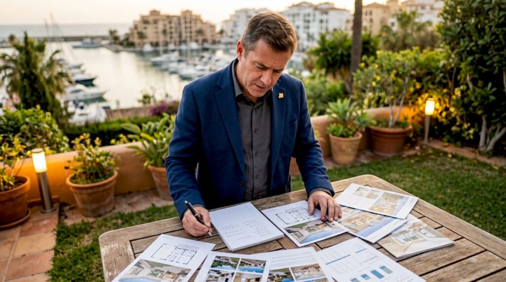 Investor reviewing rental investment brochures at home