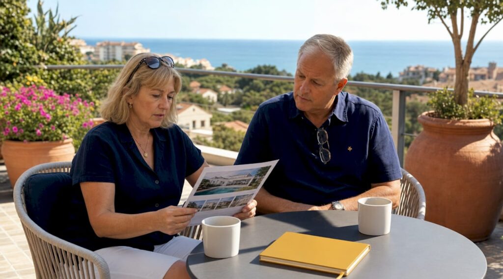 British couple reviewing property listings on balcony