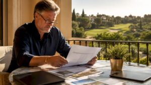 Investor reviewing golf property documents indoors