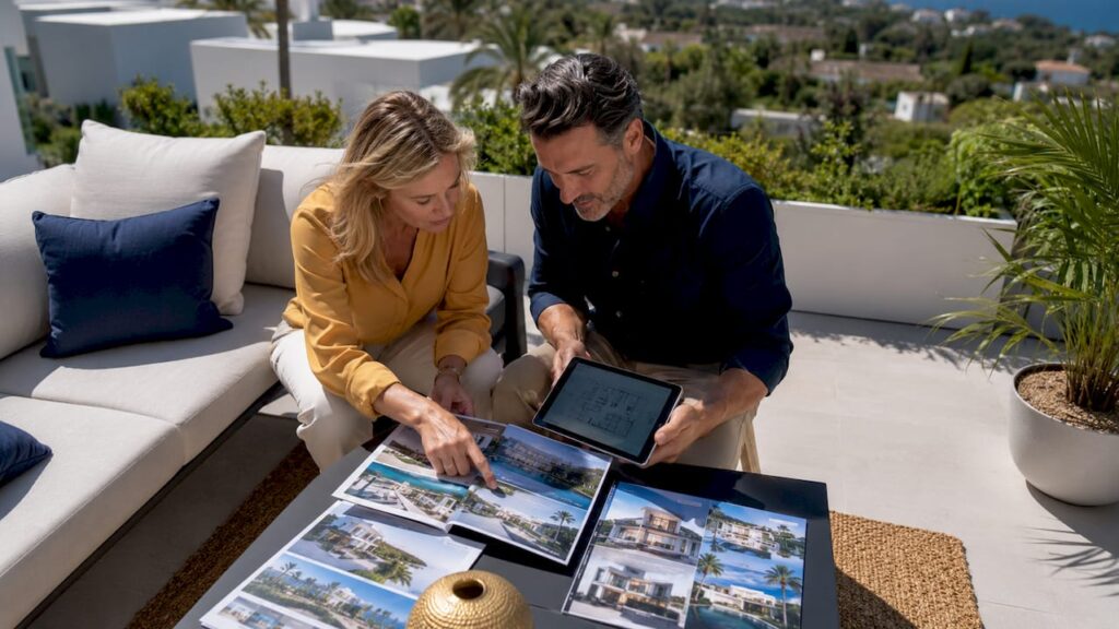 Couple reviewing new build property brochures