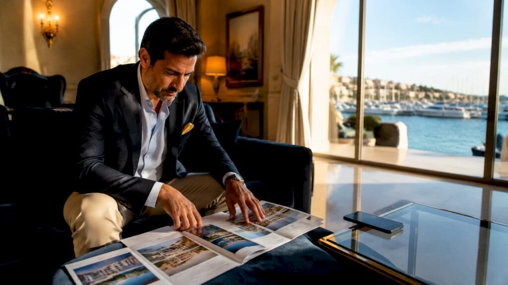 Real estate agent reviewing La Duquesa marina properties