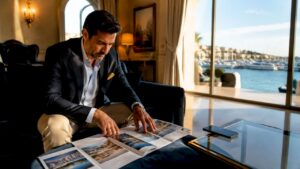 Real estate agent reviewing La Duquesa marina properties