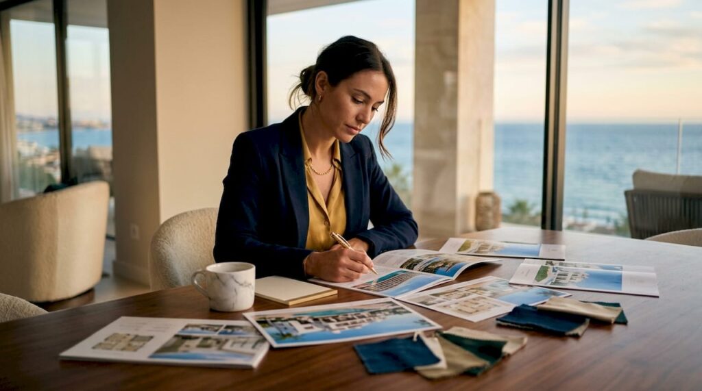 Agent reviewing Estepona property brochures