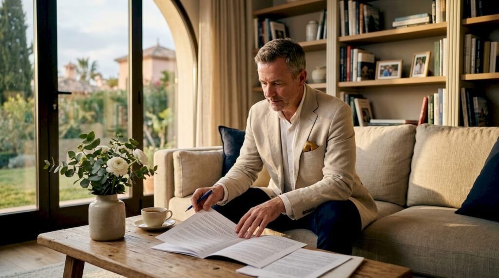 International buyer reviewing villa purchase documents at home office