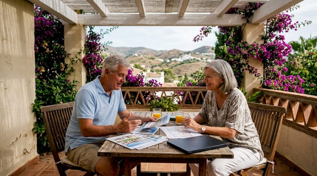 Retired couple planning Costa del Sol holiday home purchase