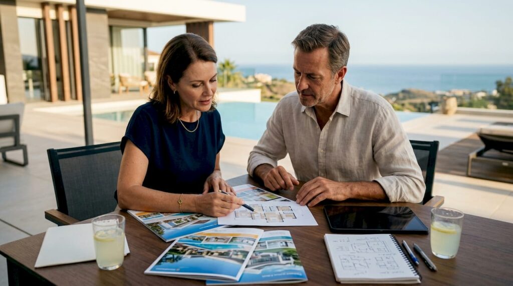 Couple reviewing holiday home brochures on balcony