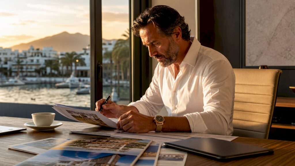 Real estate agent reviewing Estepona property listings