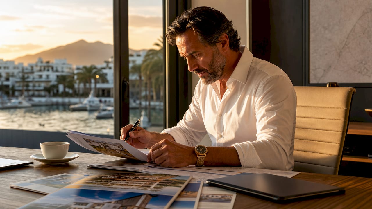 Real estate agent reviewing Estepona property listings