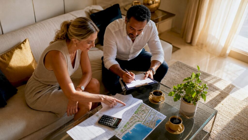 Couple reviewing property ownership checklist documents