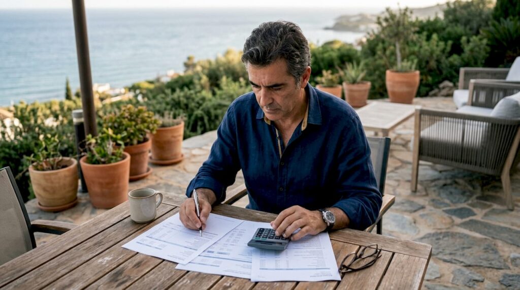Man reviewing mortgage papers at Casares villa table