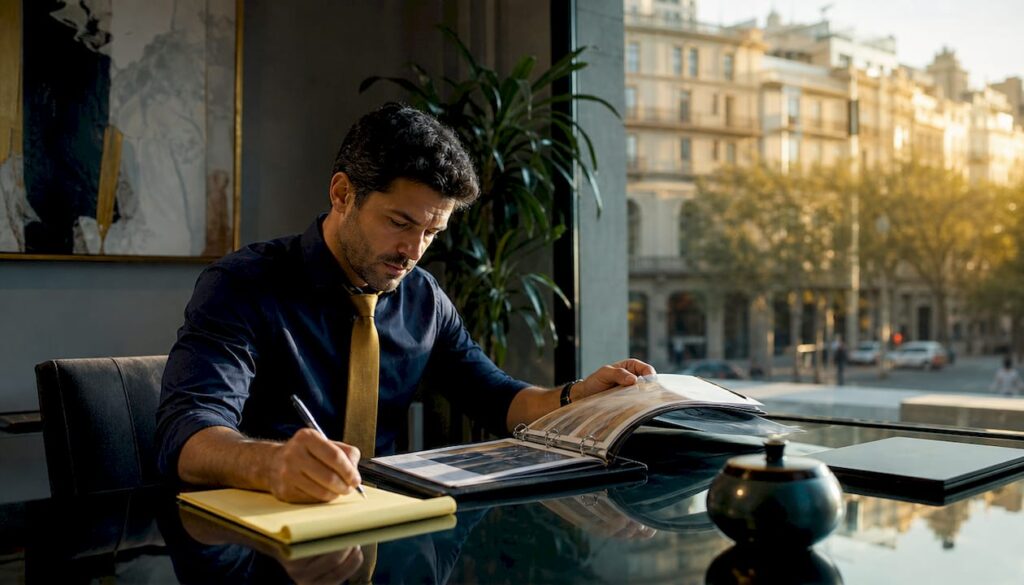 Real estate agent reviewing MLS listings in office