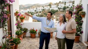 Couple touring homes with real estate agent in Casares